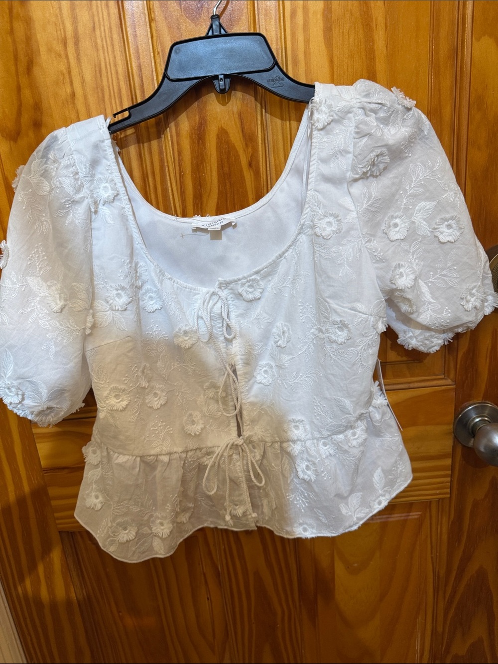 Embroidered Tie-Front Peplum Blouse - White